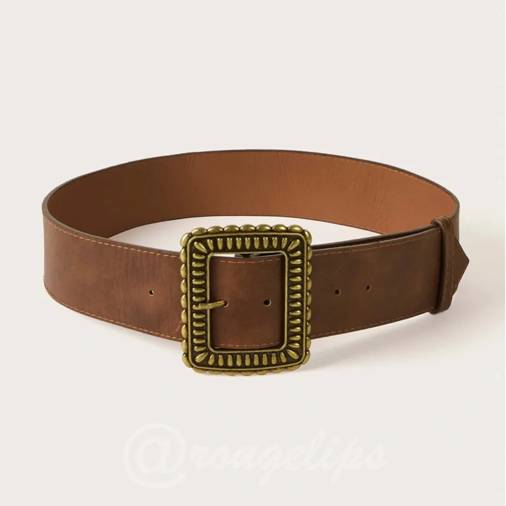 Brown PU Leather Belt Yellow Buckle Wide